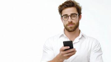 A man with glasses and a white shirt is holding a cell phone photo