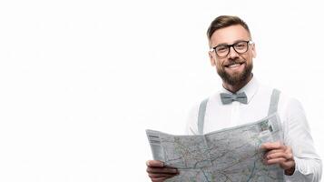 A man with glasses and a bow tie holding a map photo