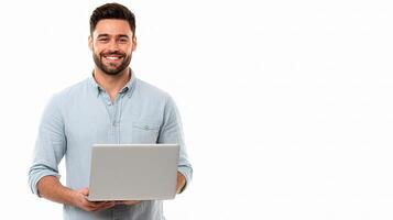 A man holding a laptop and smiling photo