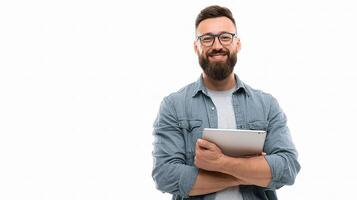 A man with a beard and glasses holding a tablet photo