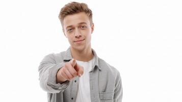 A young man pointing at the camera photo