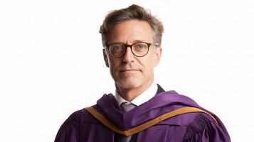 A man in a graduation robe and glasses photo