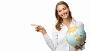 A woman holding a globe pointing at the camera photo