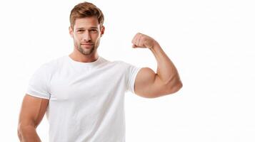 A man flexing his muscles in a white t - shirt photo