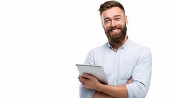 A man with a beard and a tablet computer photo