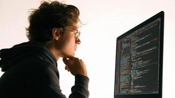 A man in a hoodie is looking at a computer screen photo