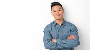 A young man in a blue shirt is smiling photo