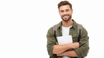 A smiling man with a backpack holding a notebook photo