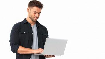 A man is standing with his laptop on a white background photo