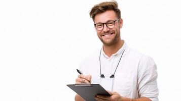 A man with glasses and a clipboard is smiling photo