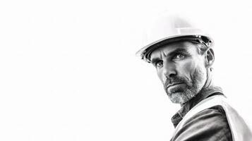 A man in a hard hat and vest is looking at the camera photo