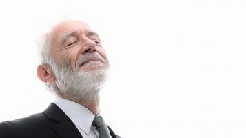 A man with a beard and a suit is looking up photo