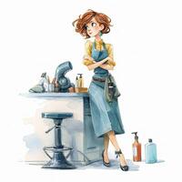 A woman in a blue apron is standing at a counter photo
