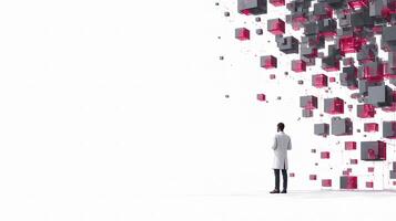 A man in a white coat standing in front of a wall of cubes photo