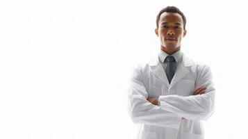 A man in a lab coat standing with his arms crossed photo