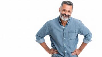 A man with a beard and jeans standing with his hands on his hips photo