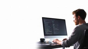 A man sitting at a desk with a computer screen photo