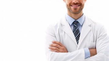 Confident Doctor in Lab Coat with Arms Crossed Against White Background photo