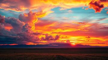 A colorful sunset over a field with clouds photo