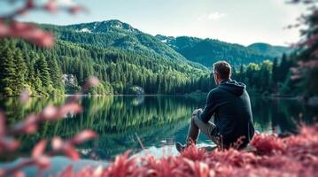 Man sitting on the edge of a lake looking at the mountains photo