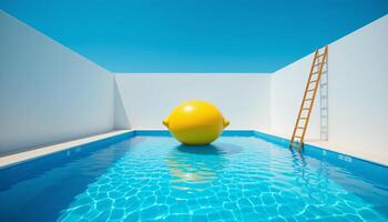 A yellow ball floating in a pool with a ladder photo