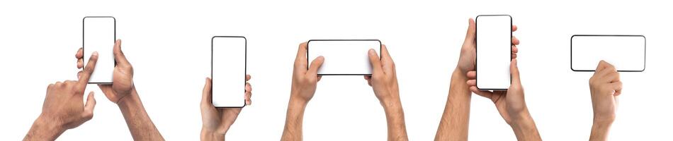 Device Demonstration. Collection of male hands holding mobile phone with empty screen in different orientations isolated on white background, panorama, banner. Man using cell with free copy space photo