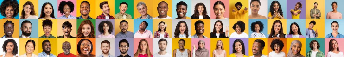 A vibrant collection of diverse individuals smiling and expressing happiness. Each portrait captures unique features and styles against colorful backgrounds, celebrating diversity and unity. photo