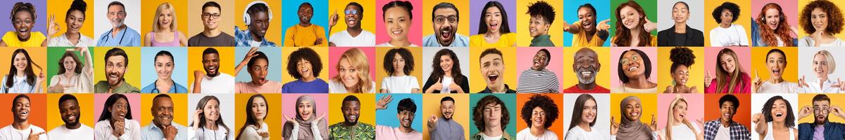 A vibrant collage featuring smiling faces of diverse individuals expressing happiness and connection against colorful backgrounds. photo