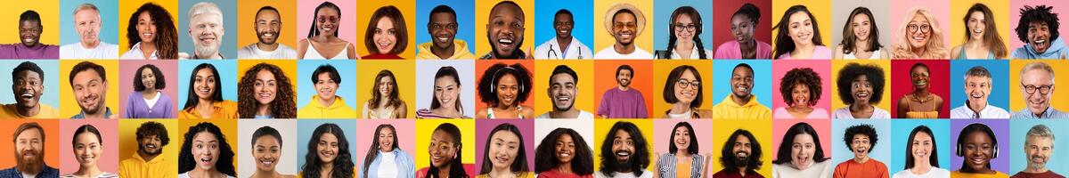 A vibrant collage of diverse people smiling in front of colorful backgrounds. This collection highlights the beauty of diversity and the joy of different lifestyles and identities. photo