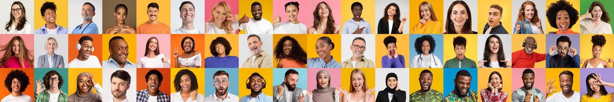 A lively collage features a diverse group of individuals showcasing their joy and unique expressions against vibrant backgrounds. Each face represents different cultures and experiences. photo