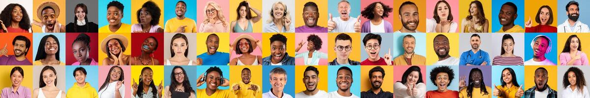 A vibrant collage features a diverse group of smiling individuals from various backgrounds expressing joy. This visual celebrates unity in diversity through playful interactions and warm expressions. photo