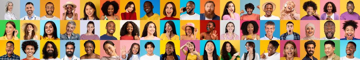 Faces of individuals from various backgrounds display smiles and excitement in a colorful collection. Each portrait captures the essence of joy and diverse unity, showcasing diversity. photo