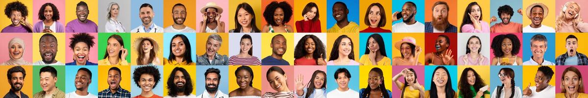 A colorful collection of diverse individuals representing different backgrounds is smiling and engaging with each other. photo