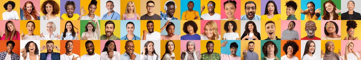 This colorful collection features a lively group of smiling individuals from various backgrounds. Each portrait showcases the joyful essence of diversity in a bright, cheerful setting. photo