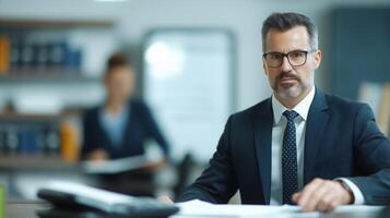 A professional in business attire reviews documents while another person works in the background. photo