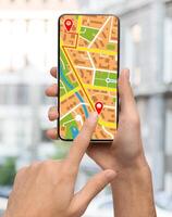 GPS Navigation System App Opened On Smartphone In Male Hands, Unrecognizable Man Using Modern Application For Tracking Location And Planning Route To Destination Point In City, Creative Collage photo