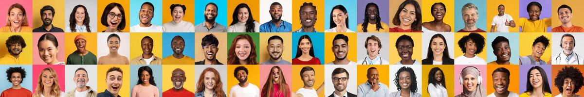 A lively collection of portraits showcases a diverse group of individuals smiling and sharing joyful expressions. Each face represents a unique background and story against colorful backdrops. photo