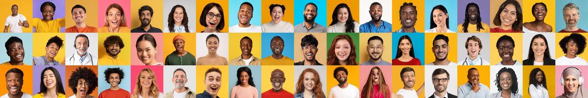 A collage of diverse people showcases a variety of faces and expressions. These individuals represent different cultures and backgrounds, reflecting a vibrant lifestyle and unity in diversity. photo
