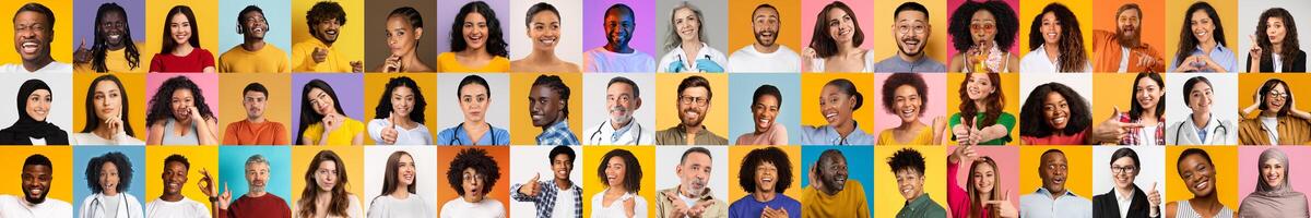 This vibrant collage features a diverse array of people showcasing a range of joyful expressions. The individuals, representing various cultures and backgrounds, are set against colorful backdrops. photo