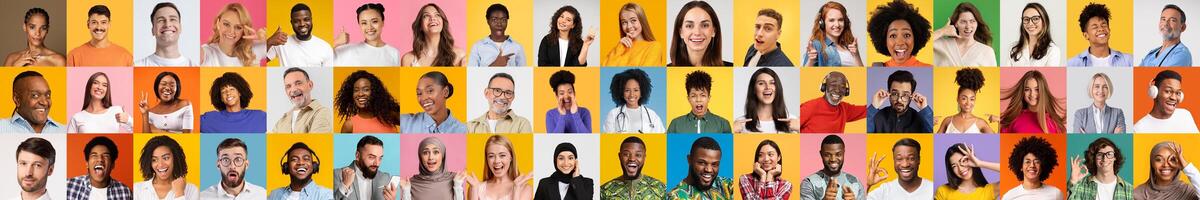 A collection of portrait images featuring a diverse group of individuals from various backgrounds. Each person displays expressions of joy and engagement against bright, colorful backdrops. photo