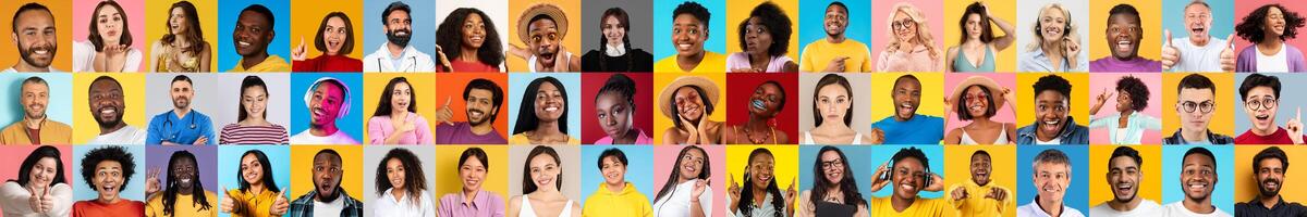 A collection of diverse faces from various backgrounds is displayed, capturing joyful expressions and showcasing diverse lifestyles against colorful backgrounds. photo