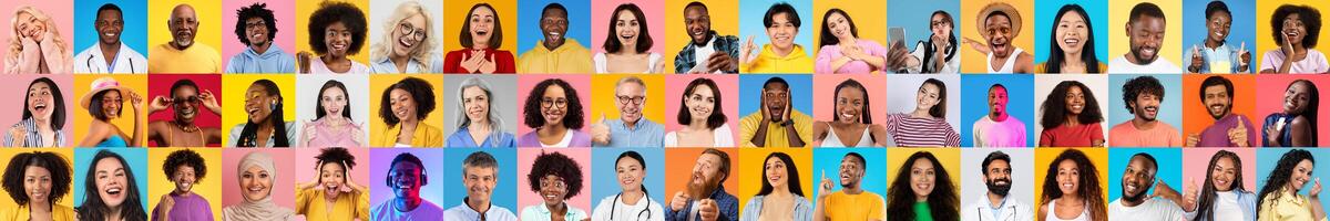 Smiling faces of diverse individuals are arranged in a colorful collage. This lively collection reflects multiracial backgrounds and celebrates inclusivity and variety in daily life. photo