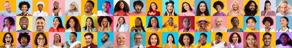 A lively collage features a collection of diverse faces smiling and expressing joy against colorful backgrounds. Each portrait captures unique cultures and the essence of community. photo