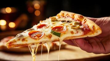 A hand is reaching for a slice of pizza topped with pepperoni, olives, and green peppers. The cheese stretches, enticing the viewer. The background is warmly lit, creating a cozy atmosphere. photo