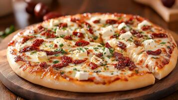 Artisan pizza showcases toppings of sun dried tomatoes and feta cheese, baked to golden perfection on a wooden board, set in a cozy kitchen environment filled with warmth. photo