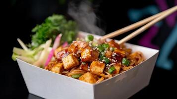 A steaming bowl of spicy tofu noodles is presented with colorful vegetables and fresh herbs. photo