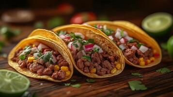 Savory beef tacos are topped with fresh radishes, corn, and cilantro, creating a vibrant and appetizing dish perfect for any occasion, served on a wooden table. photo