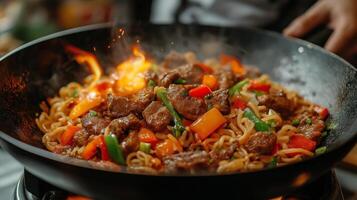 Stir fried noodles sizzle in a wok as beef and vibrant vegetables mix in a professional kitchen during the evening, creating an enticing and flavorful dish full of texture and color. photo