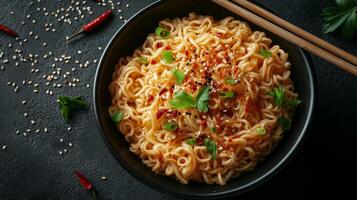 Bowl of flavorful ramen noodles topped with green onions, herbs, and chili flakes, set on a dark surface with scattered sesame seeds and spices. photo