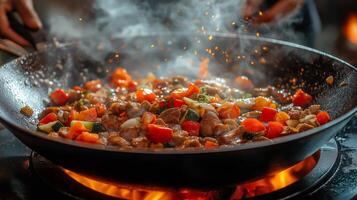 Sizzling meat and colorful vegetables are expertly cooked in a large pan over an open flame, creating a smoky aroma in a bustling kitchen environment. photo
